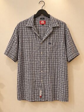 Ecko Unlimited Navy and White Gingham Short-Sleeve Button-Down Shirt